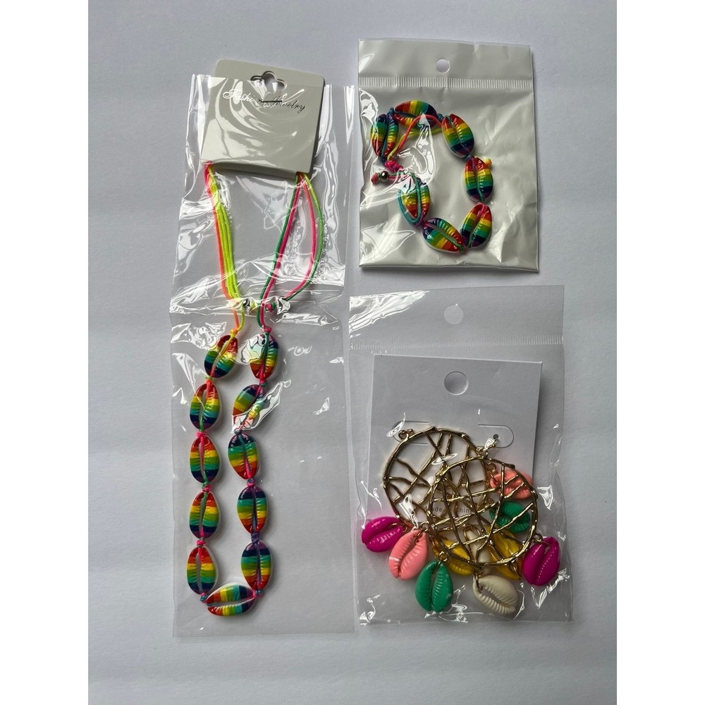 3pc set rainbow puka shell braclet, necklace, & earrings
